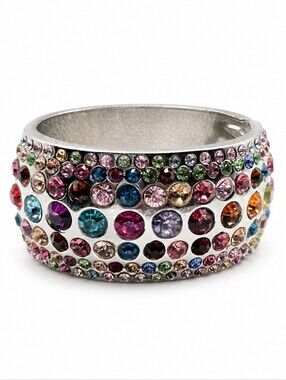 💎Wide Silver Tone Multicolor Crystal Hinged Cuff Bangle Bracelet Statement